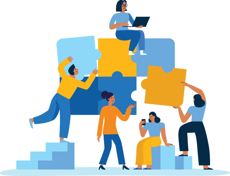 Illustration of several people working together to put together pieces of a puzzle